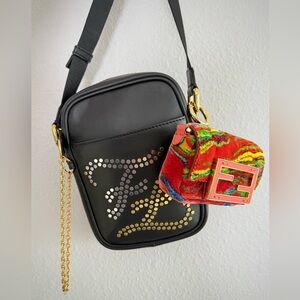 •••SOLD•••Auth Fendi Karligraphy Studded FF Logo Black Leather Messenger Bag